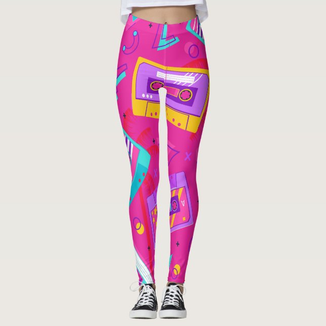 Neon Pink tendance 80's Cassette Music Leggings (Devant)