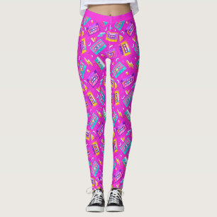 Neon Pink Trendy 80's Cassette Music Leggings