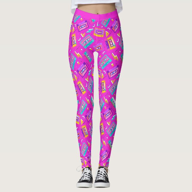 Neon Pink Trendy 80's Cassette Music Leggings (Front)