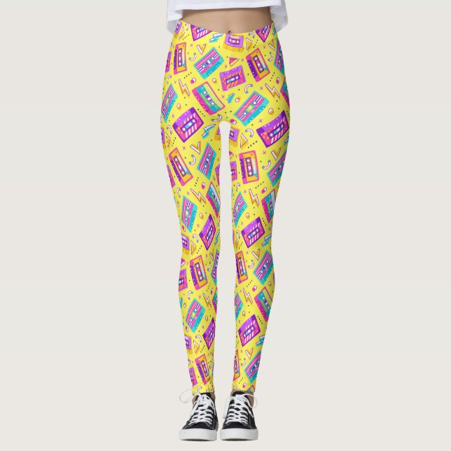 Neon Pink Trendy 80's Cassette Music Leggings (Front)