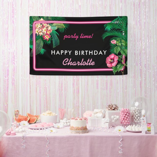 Neon Pink Tropical Botanicals Birthday Party Banner (Party)