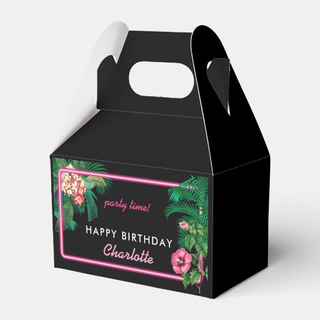 Neon Pink Tropical Botanicals Birthday Party Favor Box (Front Side)