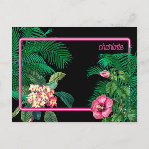 Neon Pink Tropical Botanicals Monogram Holiday Postcard