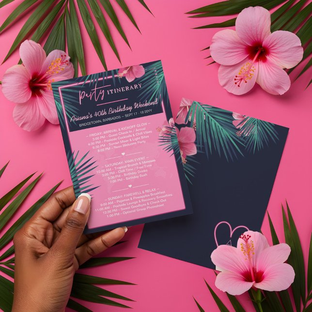 Neon Pink Tropical Destination Birthday Itinerary Invitation (Neon Pink Tropical Destination Birthday Itinerary Invitation)