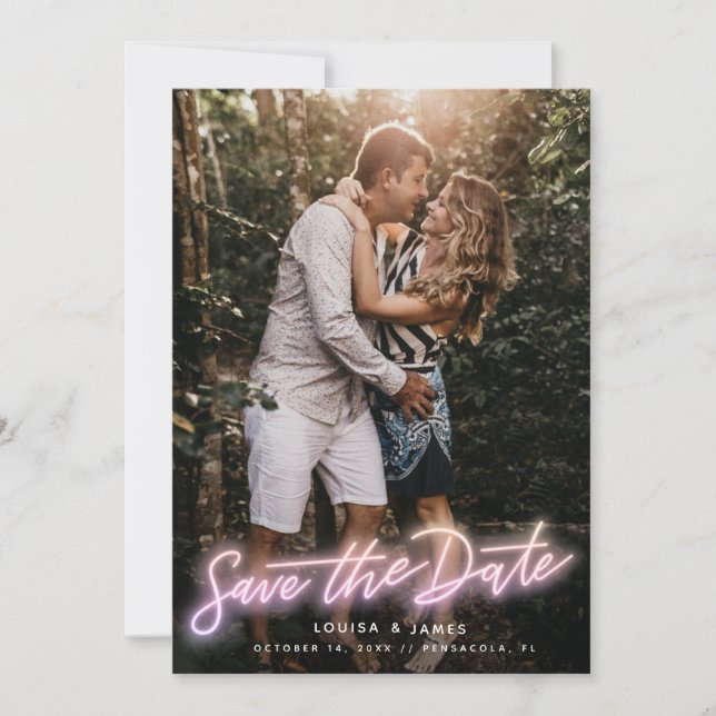 Neon Pink Vertical Photo Save the Date Invitation (Front)