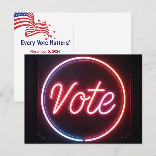 Neon Pink Vote Sign On Black Postcard (Front/Back)