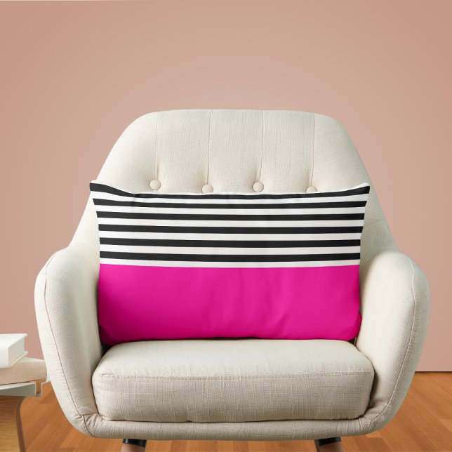 Neon Pink With Black and White Stripes Lumbar Pillow (Creator Uploaded)
