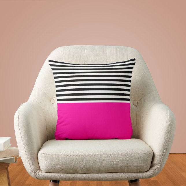 Neon Pink With Black and White Stripes Throw Pillow (Creator Uploaded)