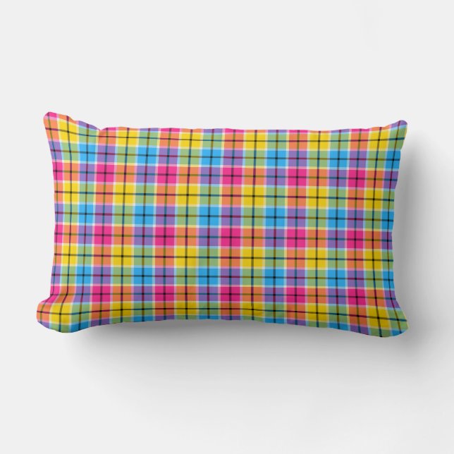 Neon Pink, Yellow and Blue Plaid Lumbar Pillow (Front)