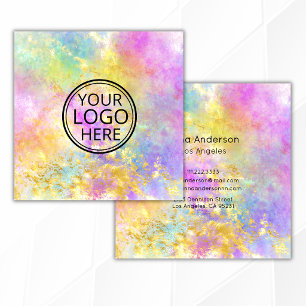 Neon Pink Yellow Opal Stone Logo Faux Gold Square Business Card