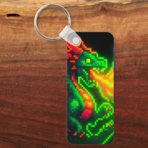 Neon Pixel Dragon – Retro Arcade Flame Design Keychain