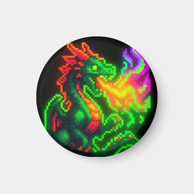 Neon Pixel Dragon – Retro Arcade Flame Design Magnet (Front)