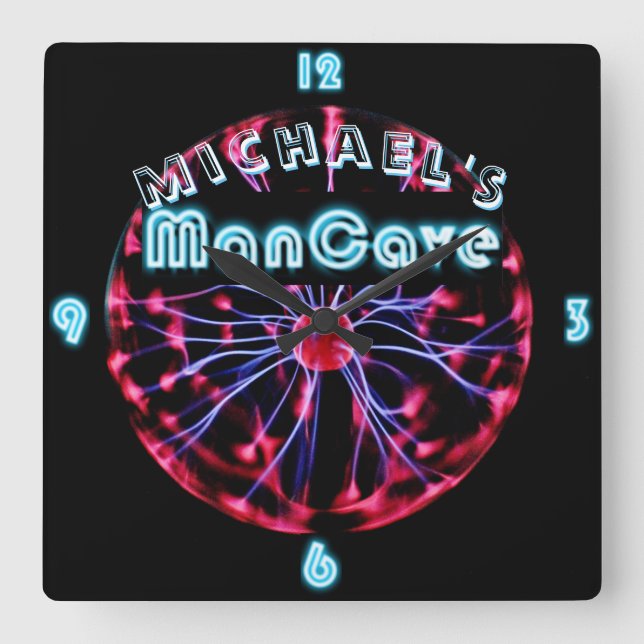 Neon Plasma Ball Mancave Gaming Den Personalized Square Wall Clock (Front)