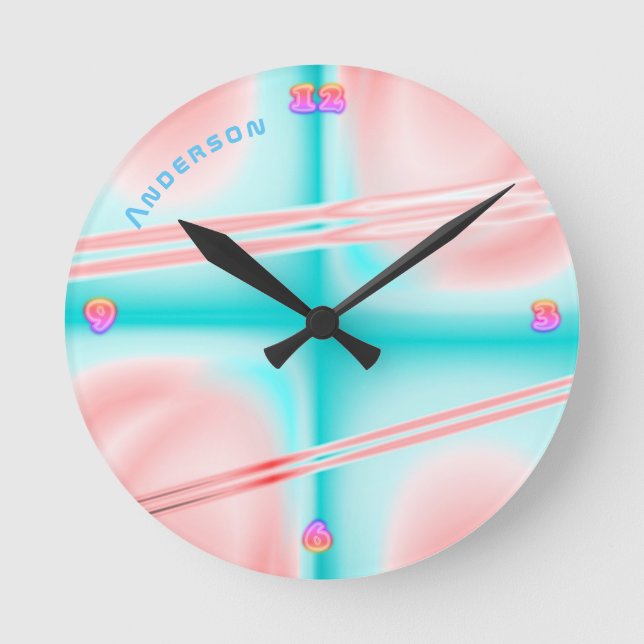 Neon Plasma Pink Blu Psychedelic Personalized Wall Round Clock (Front)
