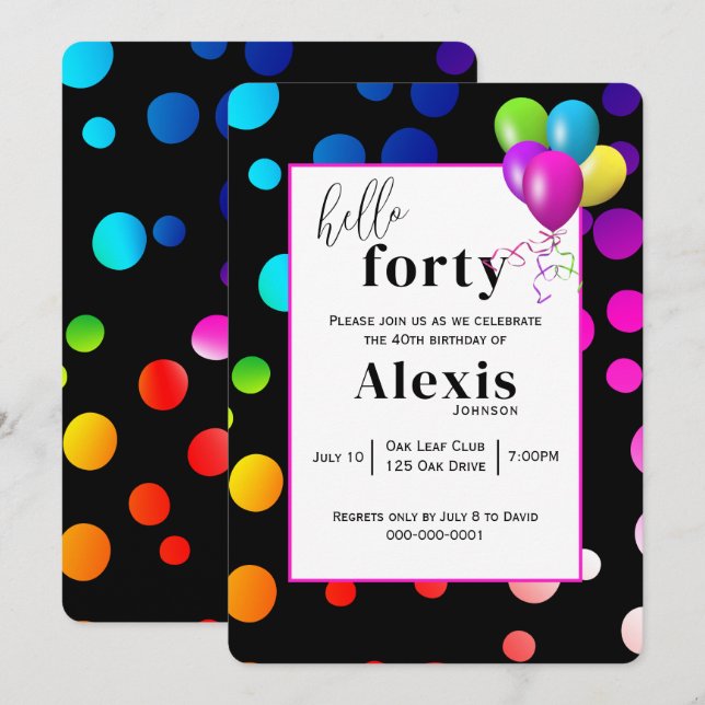 Neon Polka Dots for 40th Birthday Party Invitation (Front/Back)
