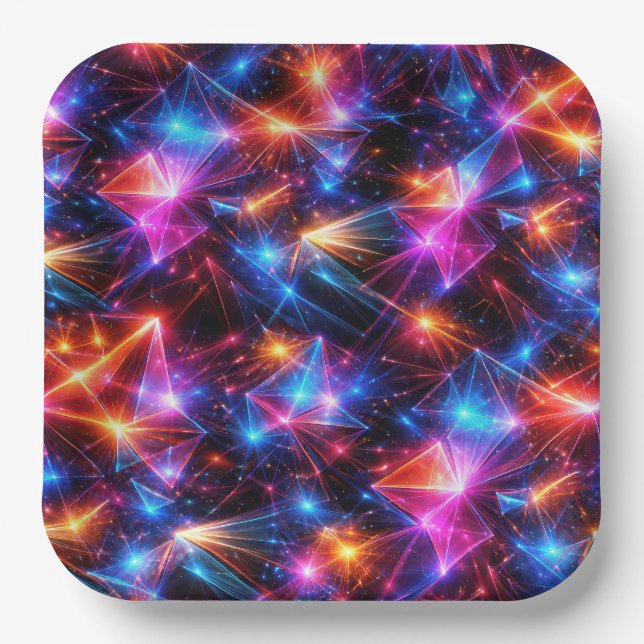 Neon Polygon Abstract with Explosions Paper Plate (Front)
