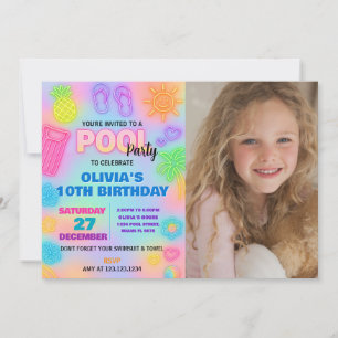 Neon Pool Anniversaire Invitation avec photo