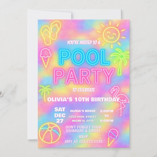 Neon Pool Birthday Party Invitation (Front)