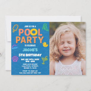 Neon Pool Party Anniversaire Invitation avec photo