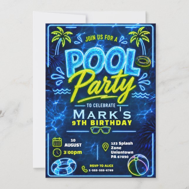 Neon Pool Party Boy Birthday Invitation (Front)