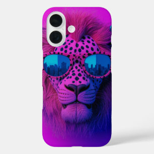 Neon Pop Art Lion Wearing Blue Sunglasses iPhone 16 Case