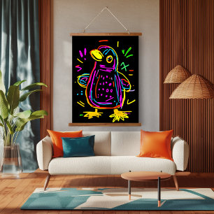 Neon Pop Art Penguin: Fun and Vibrant Artwork Hanging Tapestry