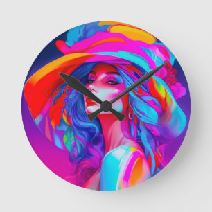 Neon Pop Art Portrait Round Clock