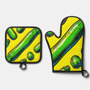 Neon Pop Art Zucchini Pattern Oven Mitt & Pot Holder Set