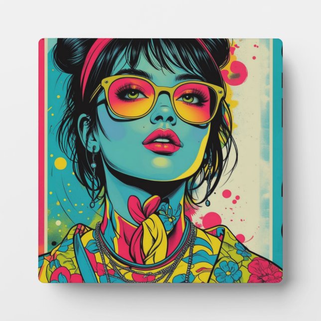 Neon Pop Diva Portrait – Bold & Vibrant Retro Art Plaque (Front)