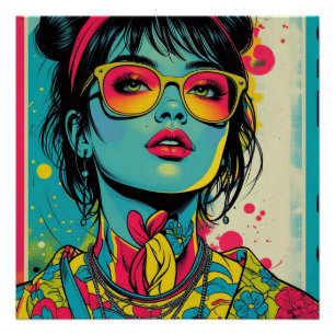 Neon Pop Diva Portrait – Bold & Vibrant Retro Art Poster