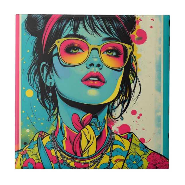 Neon Pop Diva Portrait – Bold & Vibrant Retro Art Tile (Front)