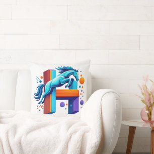 Neon Power Horse Jump Over H Letter Throw Pillow