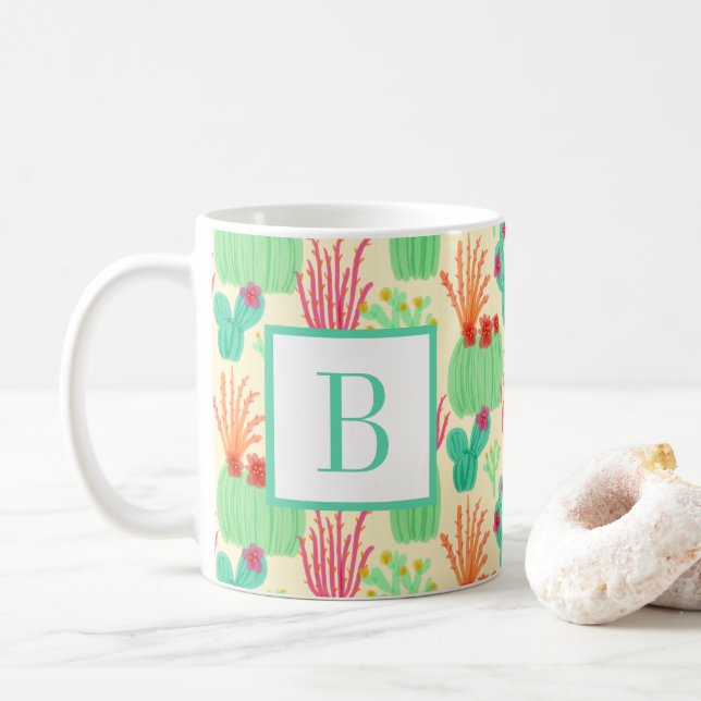 Neon Prickly Pear Ocotillo Cactus Desert Initial Coffee Mug (With Donut)