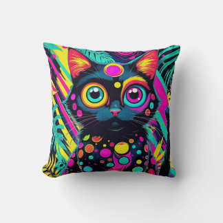 ✨ Neon Psychedelic Cat – Pop Art Design 🎨🐱 Throw Pillow