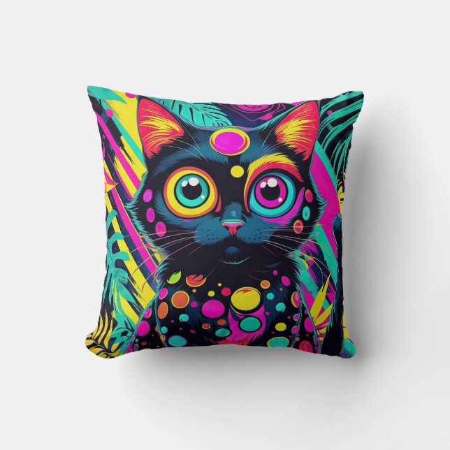 ✨ Neon Psychedelic Cat – Pop Art Design 🎨🐱 Throw Pillow (Front)