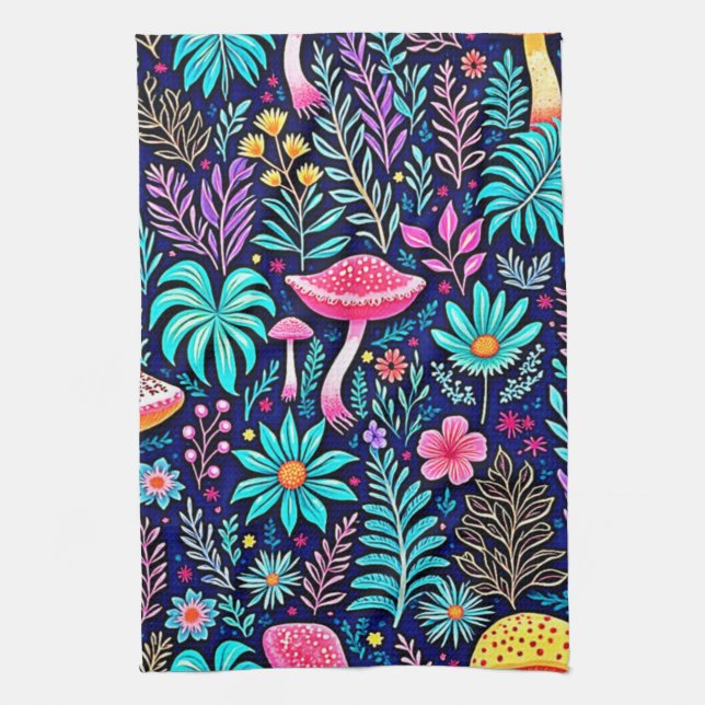 Neon Psychedelic Mushroom Forest Dream Kitchen Towel (Vertical)