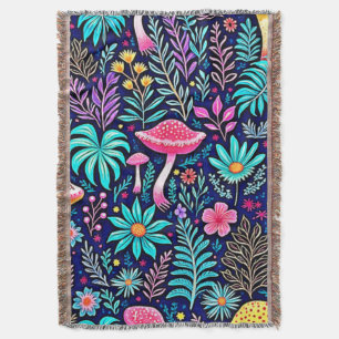 Neon Psychedelic Mushroom Forest Dream Throw Blanket