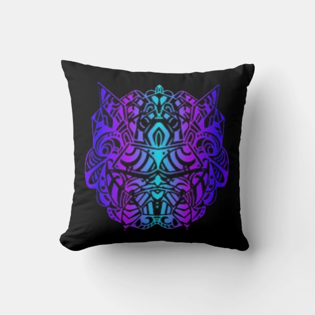 Neon Psytrance Tribal Mask Throw Pillow (Front)