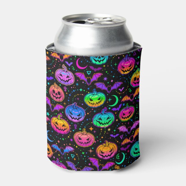 Neon Pumpkins Bats Moons and Stars Can Cooler (Can Front)