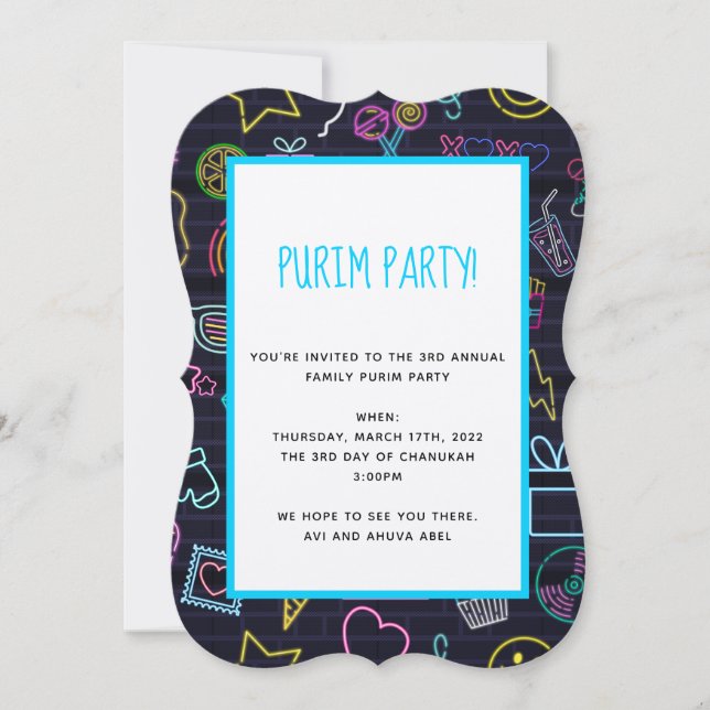 Neon Purim Invitation (Front)