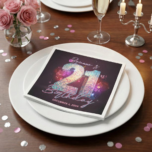 Neon Purple Disco Ball Music Notes 21st Birthday Napkin