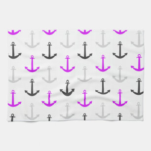 Neon Purple, Grey, Anchors; Nautical Kitchen Towel