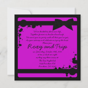 Neon purple grunge black ribbon wedding invites