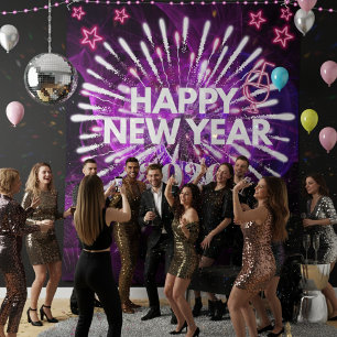 Neon Purple “Happy New Year”Glow Party Backdrop Tapestry