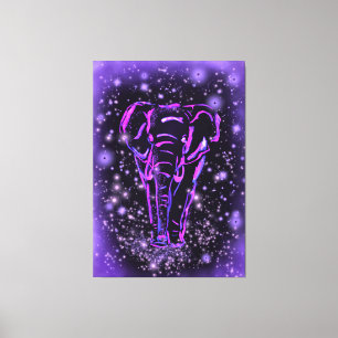 Neon Purple Pink Elephant Walking At Starry Night Canvas Print