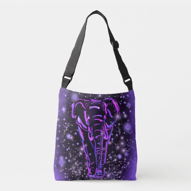 Neon Purple Pink Elephant Walking At Starry Night  Crossbody Bag (Front)