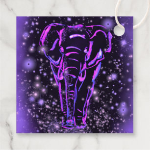 Neon Purple Pink Elephant Walking At Starry Night Favour Tags