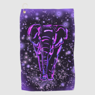 Neon Purple Pink Elephant Walking At Starry Night  Golf Towel