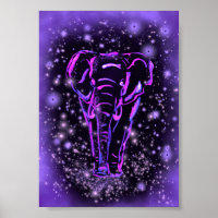 Neon Purple Pink Elephant Walking At Starry Night 