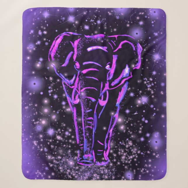 Neon Purple Pink Elephant Walking At Starry Night Sherpa Blanket (Front)